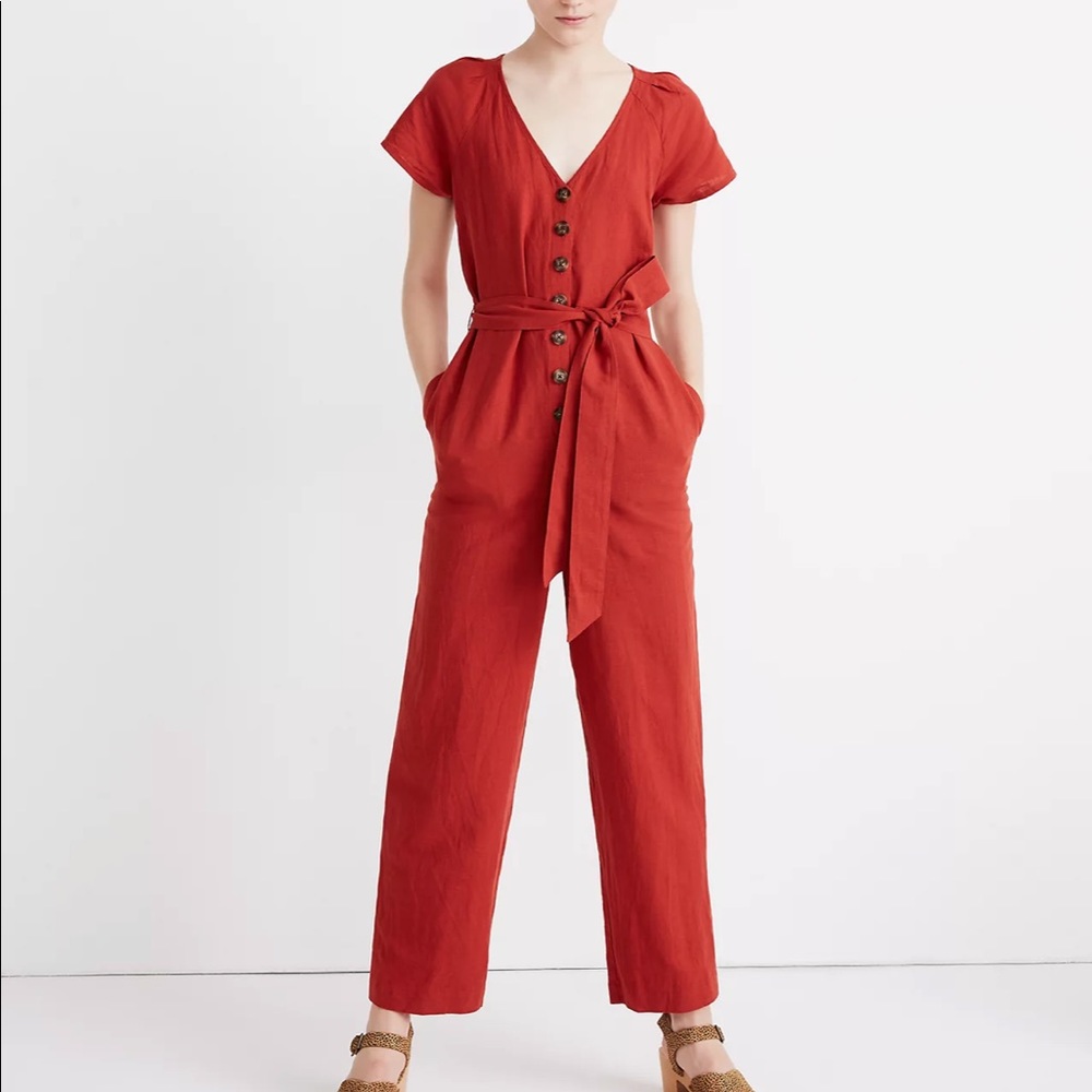 Madewell Linen-Cotton Pleat-Sleeve Jumpsuit - size 2 - color: dark cinnabar